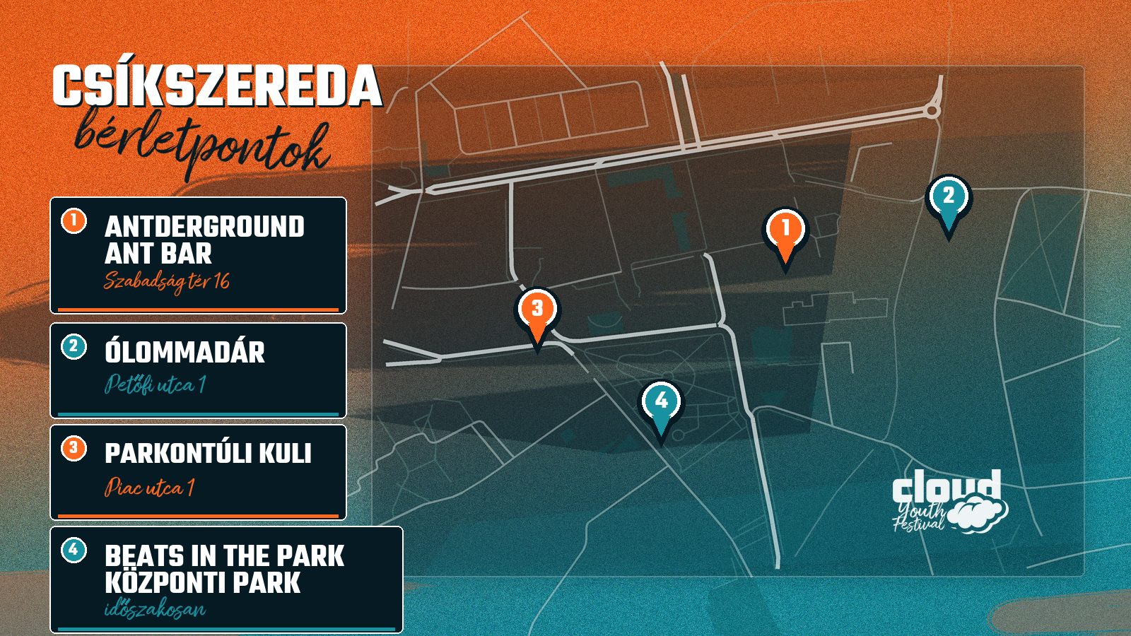 Térkép a csíkszeredai Cloud bérletvásárlási pontokkal: Antderground és Ant Bar a Szabadság tér 16 alatt, Ólommadár a Petőfi utca 1 alatt, Parkontúli Kuli a Piac utca 1 alatt, valamint Beats in the Park a Központi Parkban.